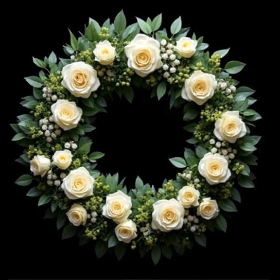 En stillsam och vacker begravningskrans i vita och gröna toner, med rosor och eukalyptus, symboliserande frid.